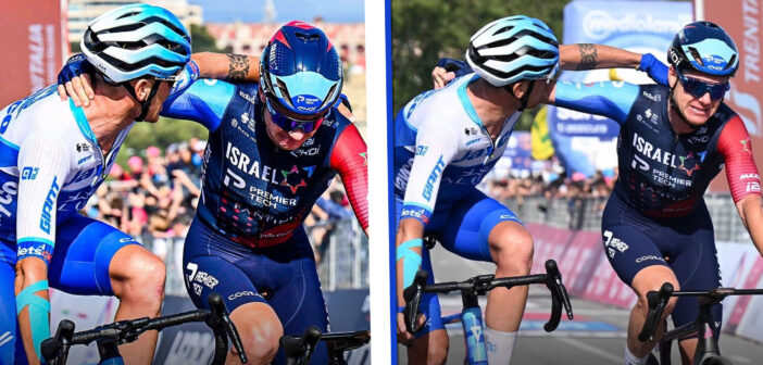 Giro d’Italia 2023 a Napoli, Simon Clarke e Alessandro De Marchi tentano l’impresa con la fuga e poi si consolano abbracciandosi al traguardo